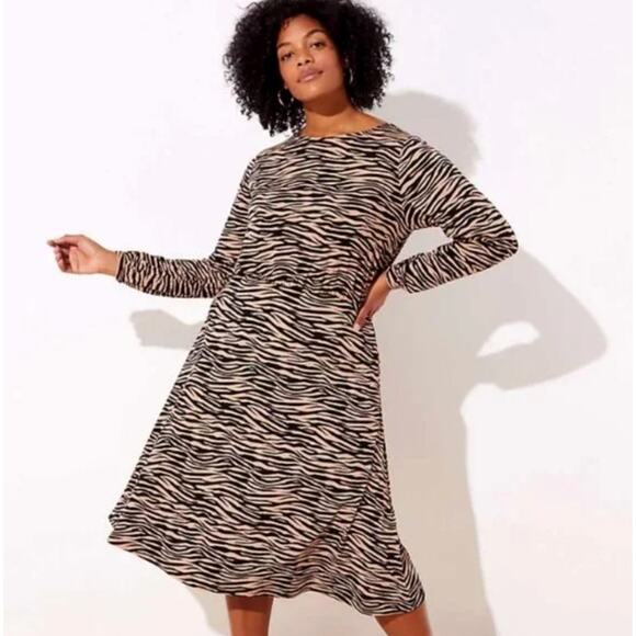 Ann Taylor Loft 14 Animal Print Long Sleeve Midi Dress Tiger Stripes Brown Black - Picture 10 of 10